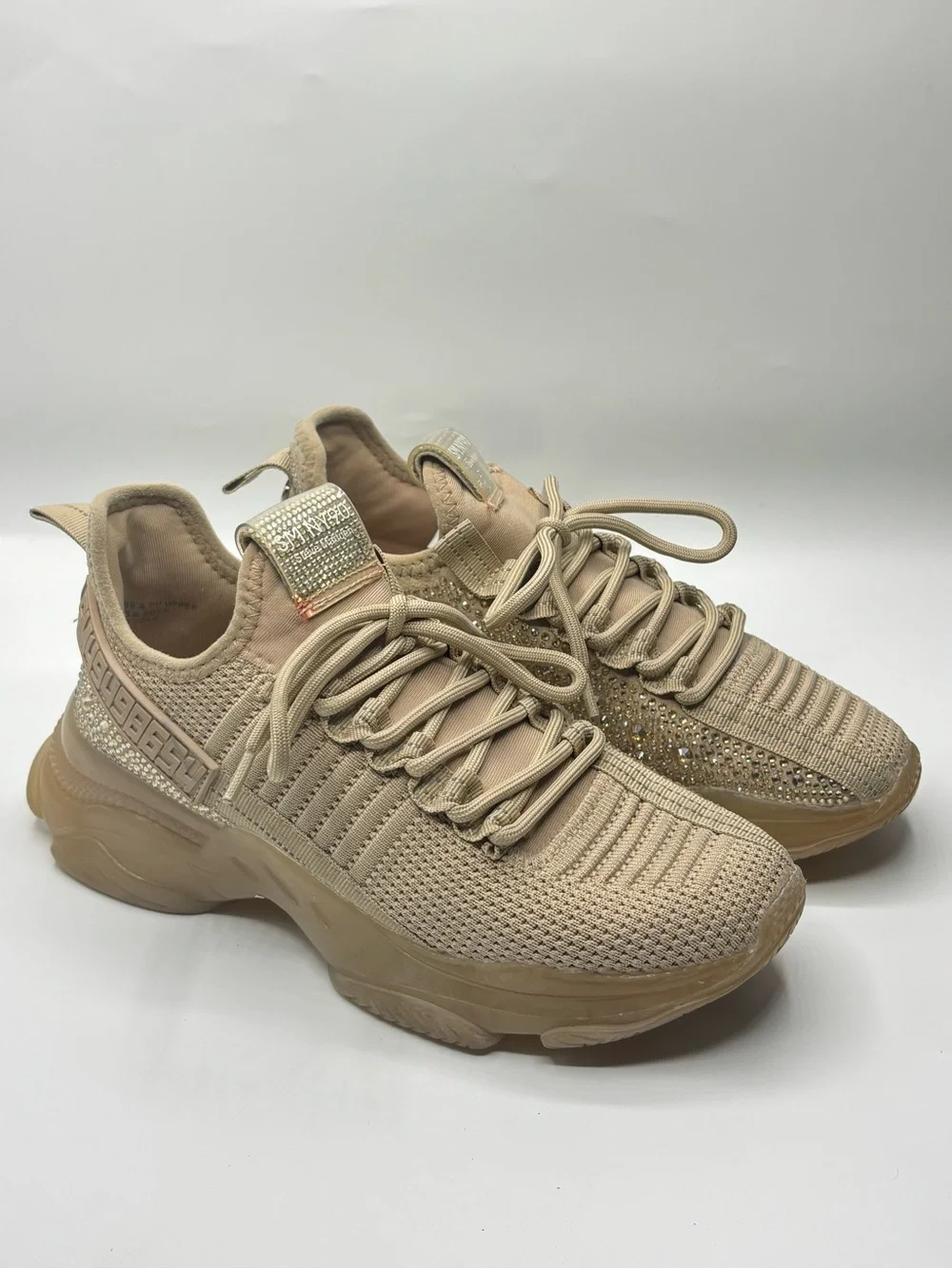 Steve Madden Maxima Beige Rhinestone Sneakers Monochrome Chunky 7.5 Maximalist
